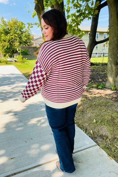 Explore More Collection - Cozy Days Magenta Checkered & Striped Button-Down Cardigan