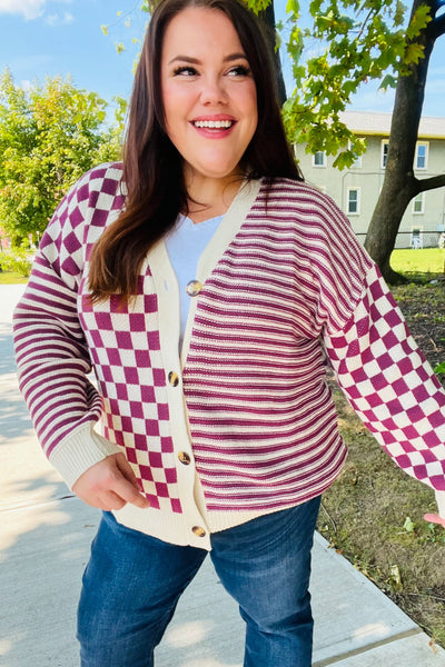 Explore More Collection - Cozy Days Magenta Checkered & Striped Button-Down Cardigan