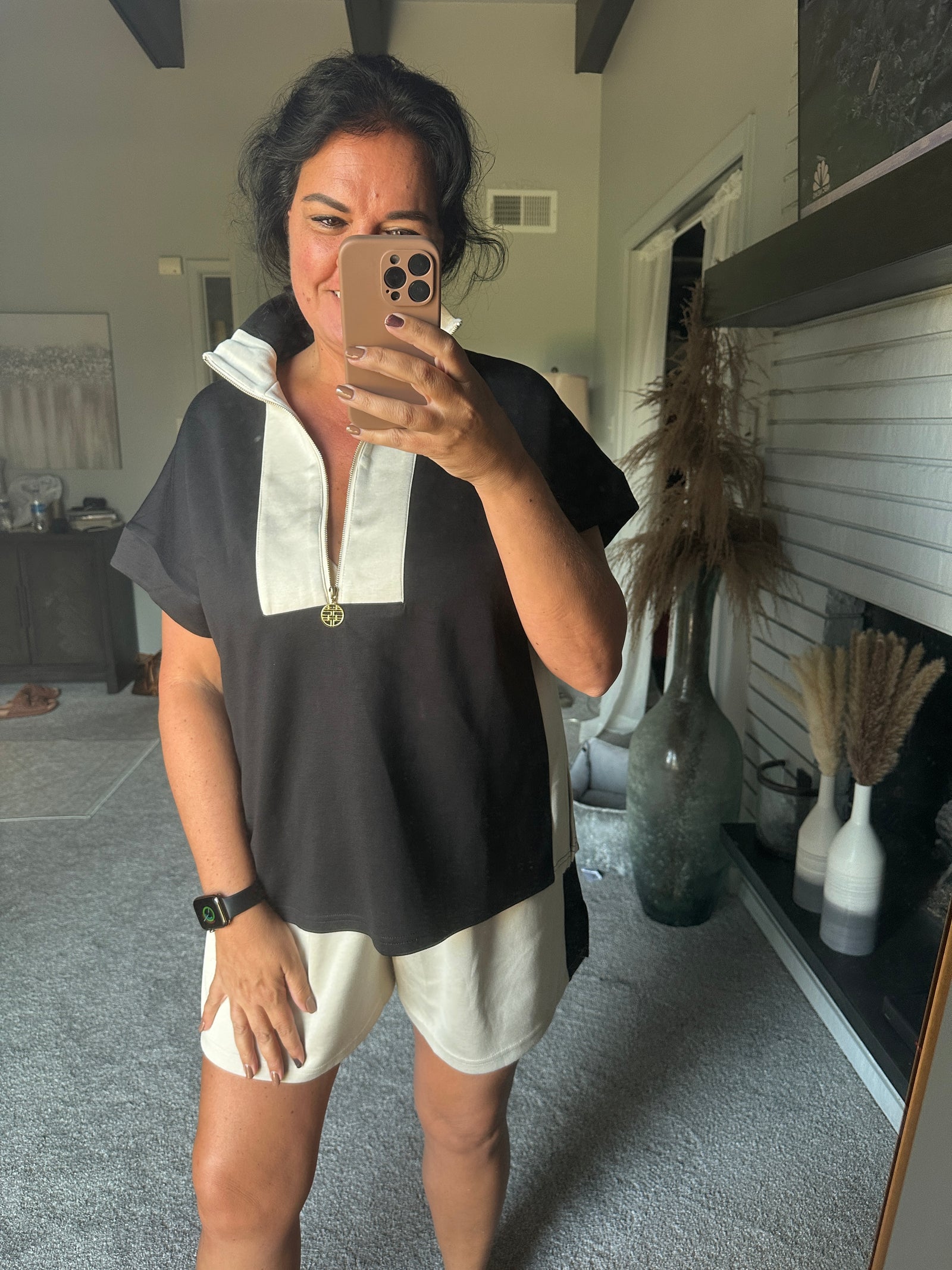 Explore More Collection - Color Block Half Zip Top and Shorts Two-Piece Set