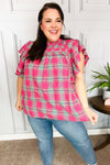 Explore More Collection - Fuchsia Plaid Shirred Yoke Flutter Sleeve Top