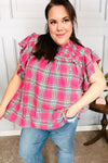 Explore More Collection - Fuchsia Plaid Shirred Yoke Flutter Sleeve Top