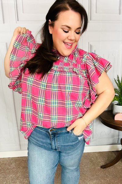 Explore More Collection - Fuchsia Plaid Shirred Yoke Flutter Sleeve Top