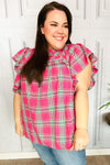 Explore More Collection - Fuchsia Plaid Shirred Yoke Flutter Sleeve Top