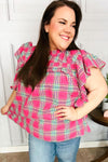 Explore More Collection - Fuchsia Plaid Shirred Yoke Flutter Sleeve Top