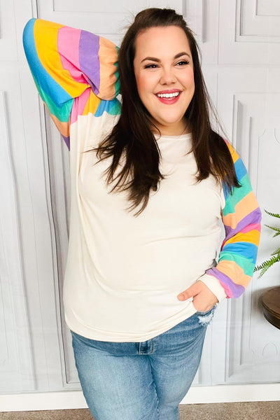 Explore More Collection - Rainbow Bubble Sleeve Terry Raglan Top