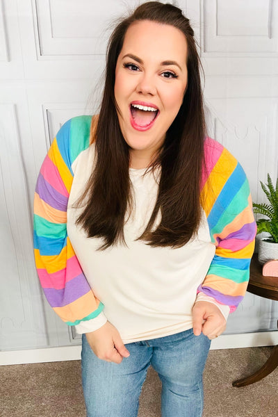 Explore More Collection - Rainbow Bubble Sleeve Terry Raglan Top