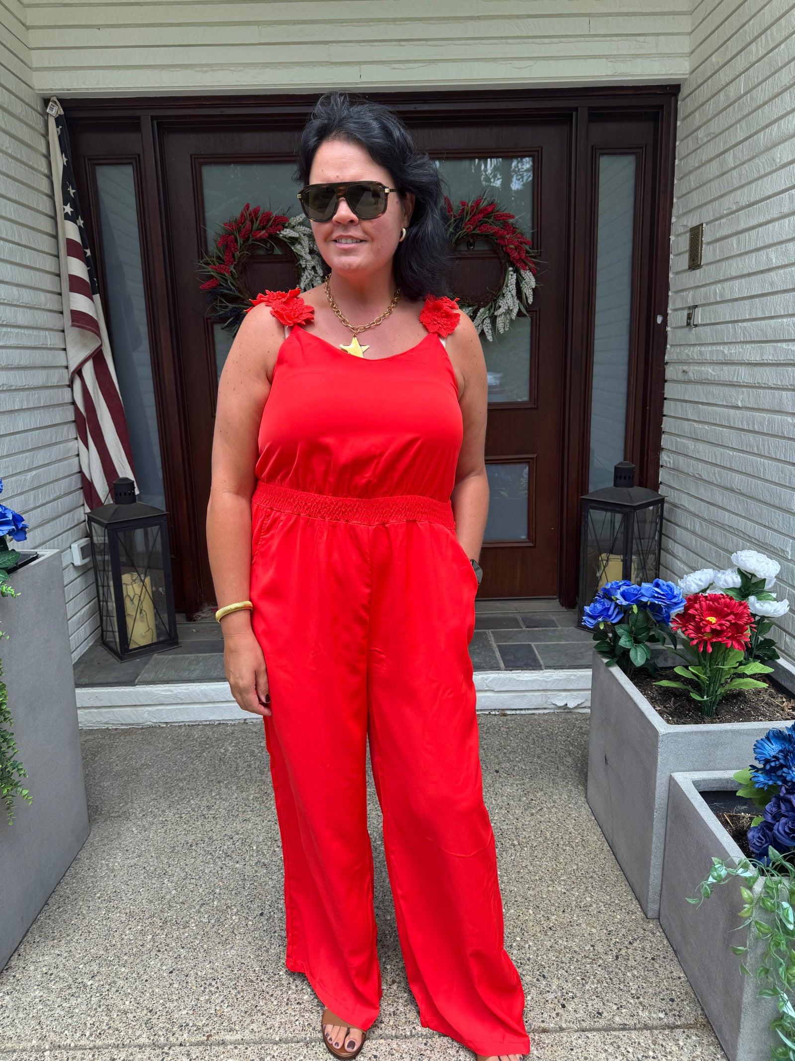 Floral Applique V-Neck Wide Leg Jumpsuit