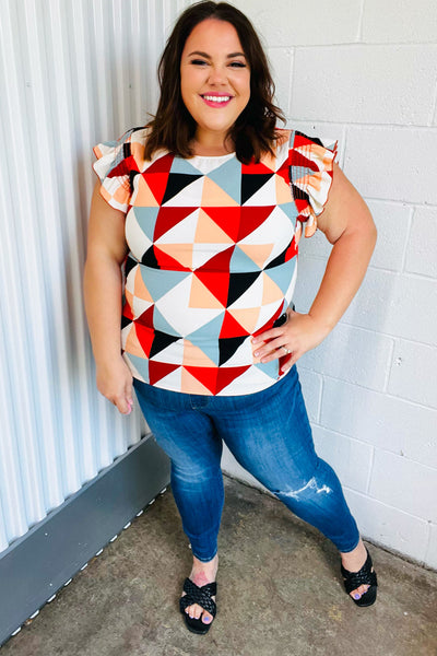 Explore More Collection - Burnt Orange Geo Print Smocked Ruffle Frill Sleeve Top