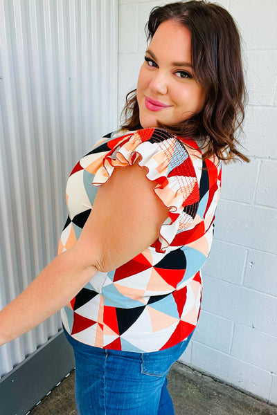 Explore More Collection - Burnt Orange Geo Print Smocked Ruffle Frill Sleeve Top