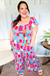 Explore More Collection - Scarlet & Aqua Geometric Print Wide Leg Jumpsuit