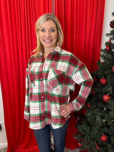 Cher - A Long Sleeve Button Down Plaid Shacket with Front Pockets