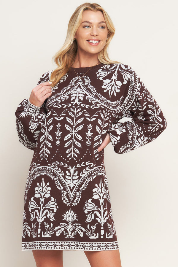 winter tapestry knit sweater dress TERRA TAPESTRY SWEATER KNIT MINI DRESS, BROWN / L