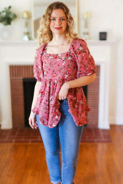 Explore More Collection - Just So Sweet Dusty Rose Floral Print Smocked Puff Sleeve Top