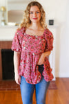 Explore More Collection - Just So Sweet Dusty Rose Floral Print Smocked Puff Sleeve Top