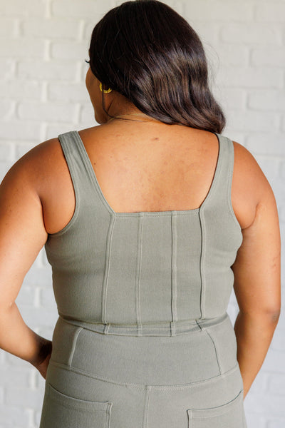 Explore More Collection - It's All About the Balance Twill Square Neck Crop Top in Dusty Olive