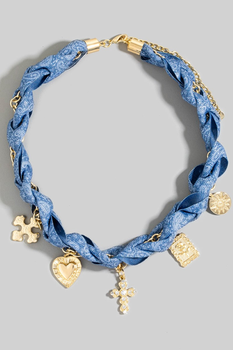 Sienna - A Paisley Bandana & Chain Cross Heart Charm Necklace