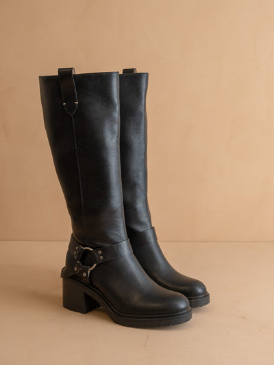 Explore More Collection - The Leanne | Black Moto Knee High Boot