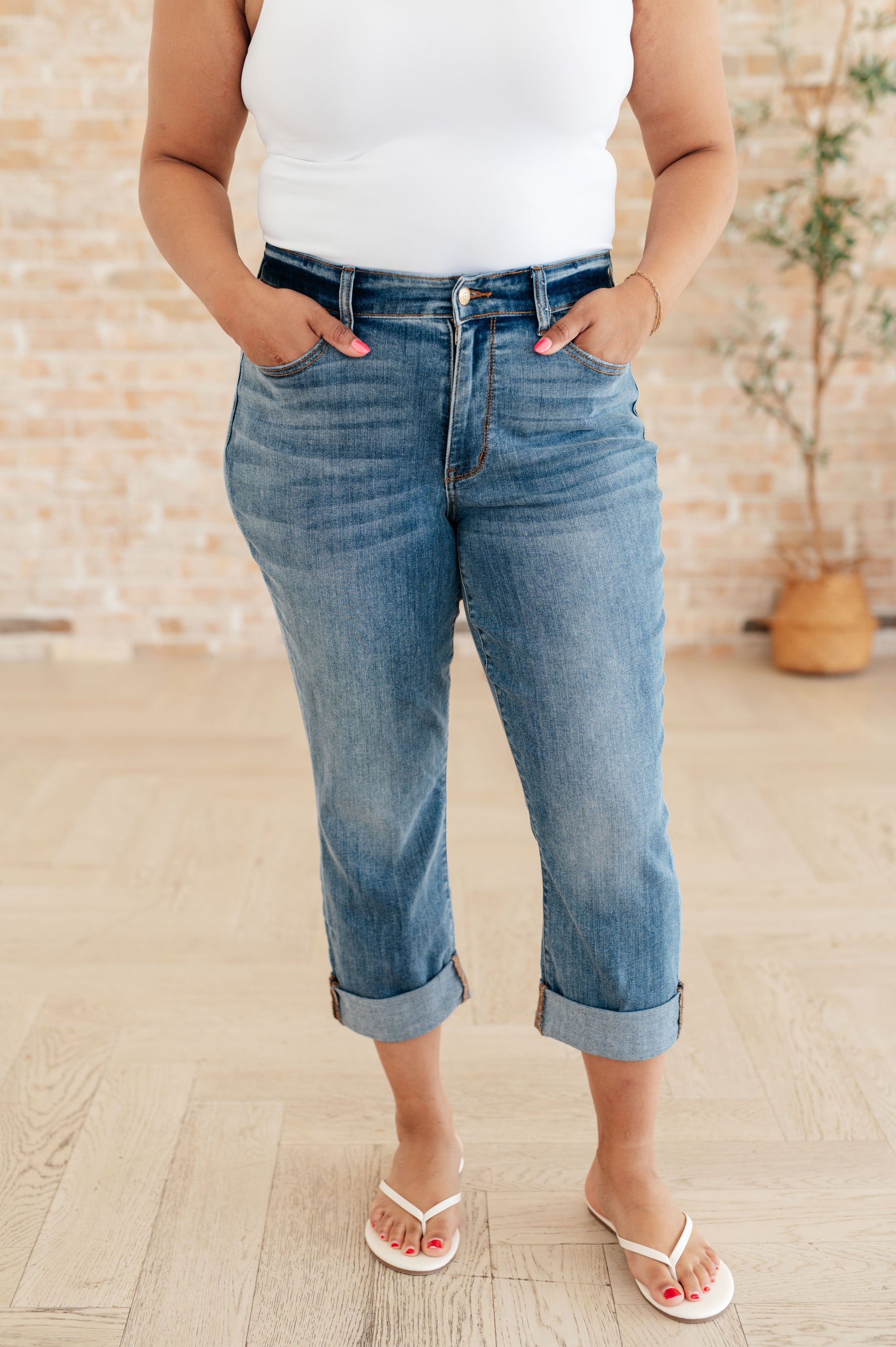 Explore More Collection - Laura Mid Rise Cuffed Skinny Capri Jeans