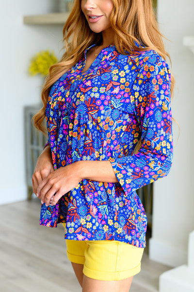 Explore More Collection - Lizzy Babydoll Top in Royal Retro Floral