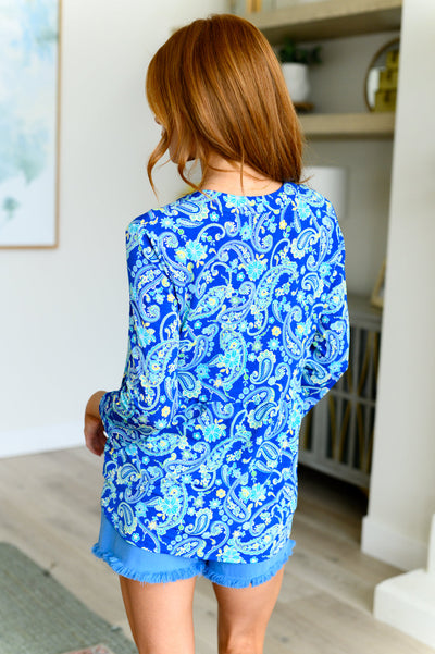 Explore More Collection - Lizzy Babydoll Top in Royal and Mint Paisley