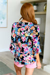 Explore More Collection - Lizzy Bell Sleeve Top Black and Teal Tropical Floral