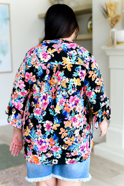 Explore More Collection - Lizzy Bell Sleeve Top Black and Teal Tropical Floral