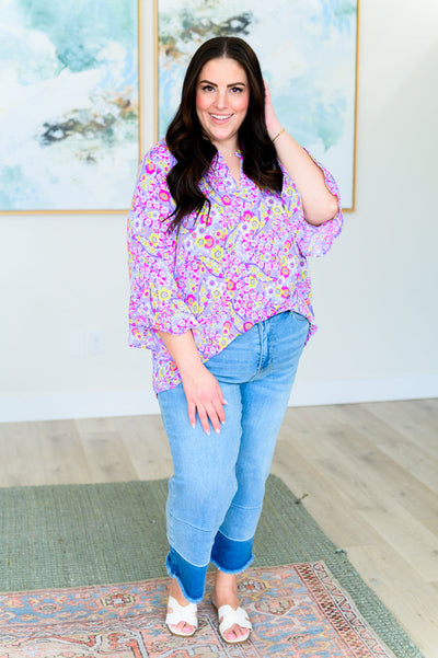 Explore More Collection - Lizzy Bell Sleeve Top in Lavender Retro Ditsy Floral