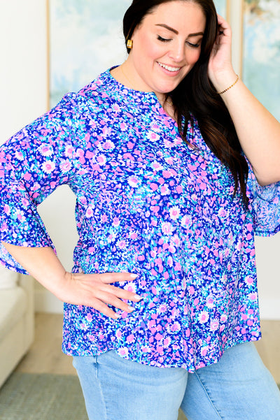 Explore More Collection - Lizzy Bell Sleeve Top in Navy and Pink Floral