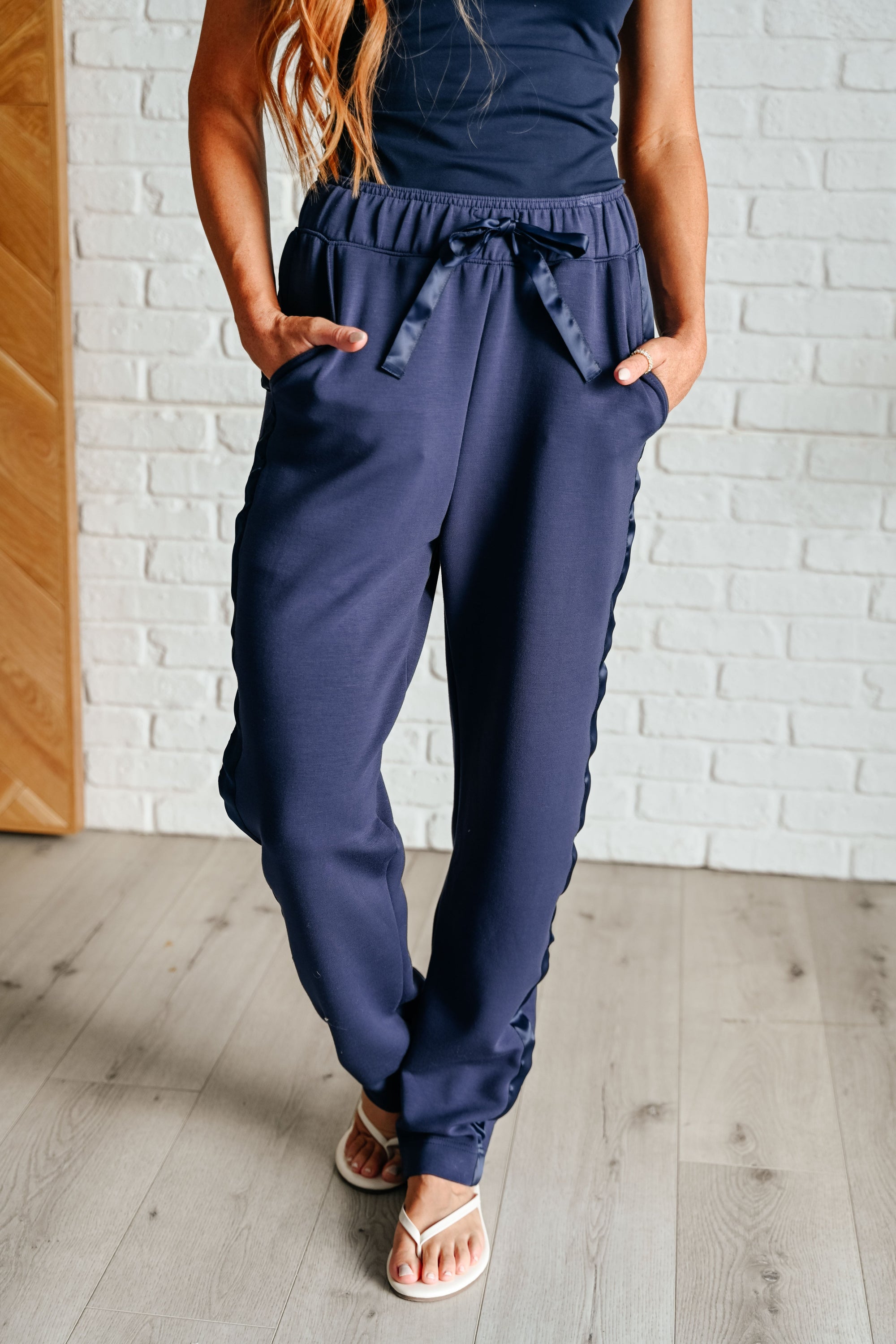 Explore More Collection - Lysa Satin Stripe Lounge Pants in Smoky Navy