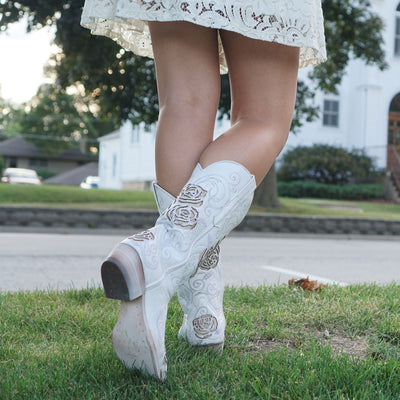 Explore More Collection - White Rose Inlayed Women's Cowgirl Boots