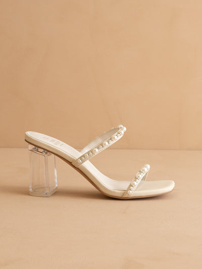 Explore More Collection - The Mae | Beige Wedding Pearl Detail Clear Block Heel