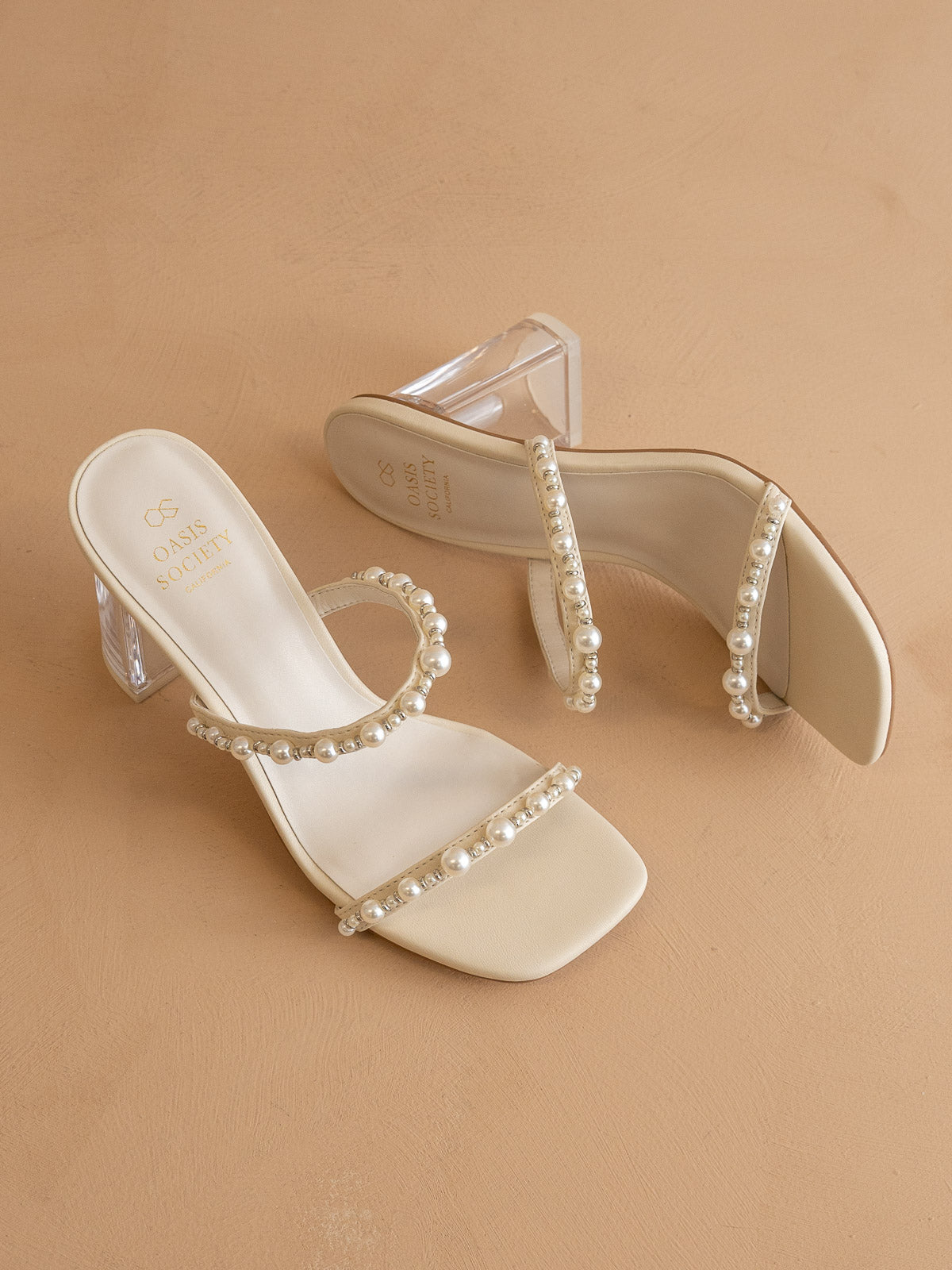Explore More Collection - The Mae | Beige Wedding Pearl Detail Clear Block Heel