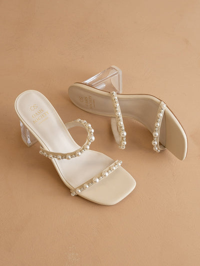 Explore More Collection - The Mae | Beige Wedding Pearl Detail Clear Block Heel