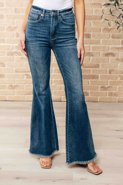 Explore More Collection - Miley High Waist Control Top Frayed Hem Flare Jeans