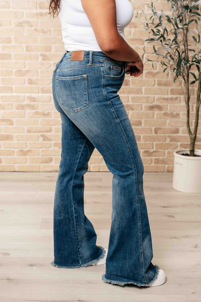 Explore More Collection - Miley High Waist Control Top Frayed Hem Flare Jeans