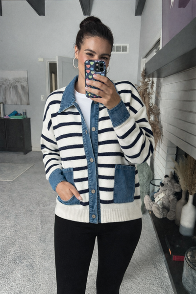 Quinn - A Colorblocked Collared Button Down Stripe Sweater