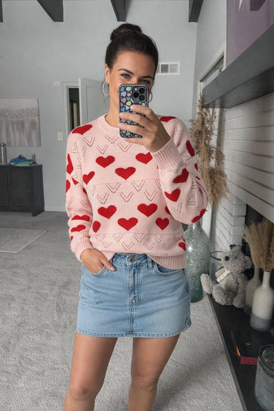 Shawna - A Round Neck Long Sleeve Heart Jacquard Pullover Sweater