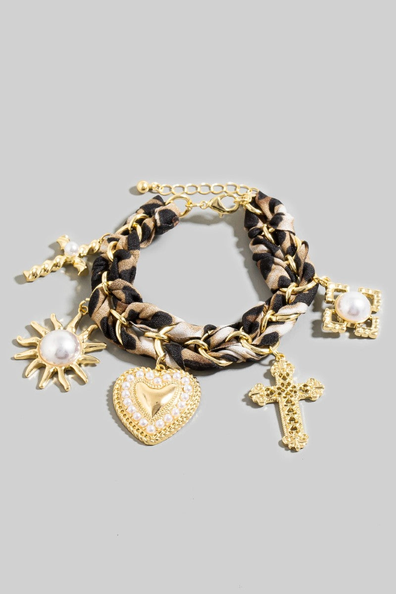 Rowan - A Heart Cross Pearl Charms Bandana Chain Braid Bracelet