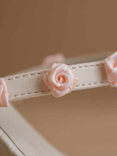 The Nia | White Rosette Adorned Block Heel