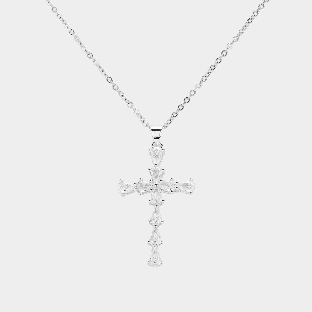 Teardrop CZ Stone Embellished Cross Pendant Stainless Steel Necklace - Choose Color