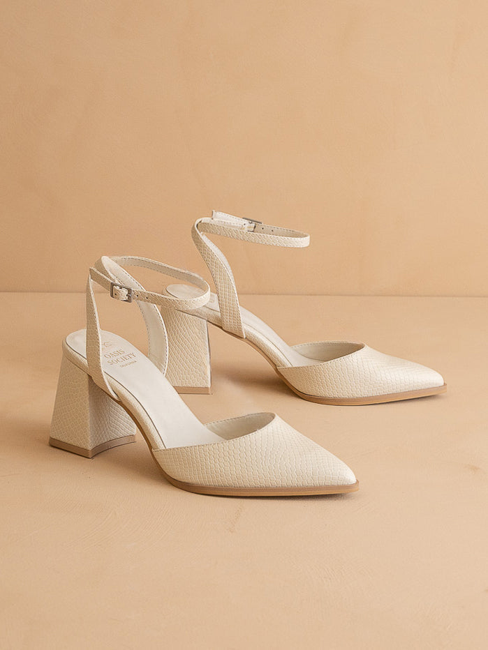 Explore More Collection - The Princess | White Pointed Toe Bridal Block Heel with Ankle Strap