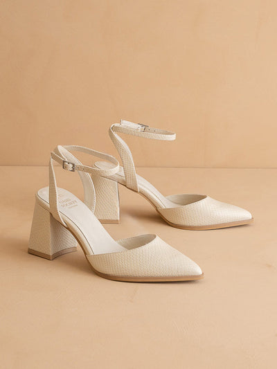 Explore More Collection - The Princess | White Pointed Toe Bridal Block Heel with Ankle Strap