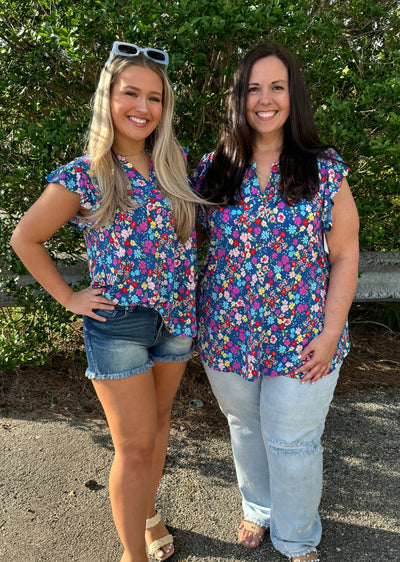 Explore More Collection - Lizzy Flutter Sleeve Top in Navy and Multi Floral