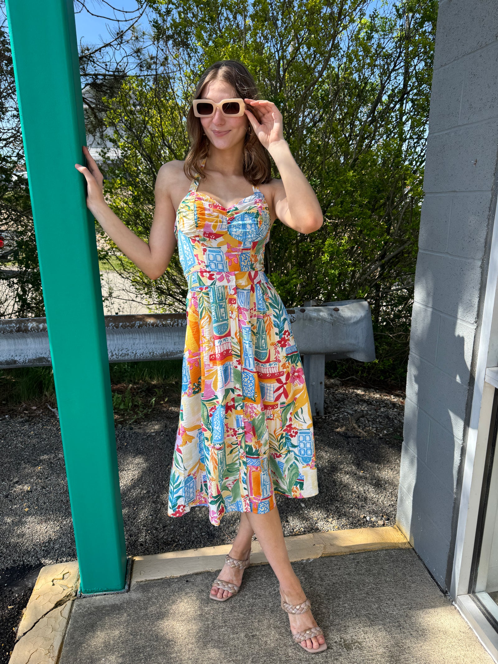 Elsbeth - A Halter Neck Button Down Pleated Dress