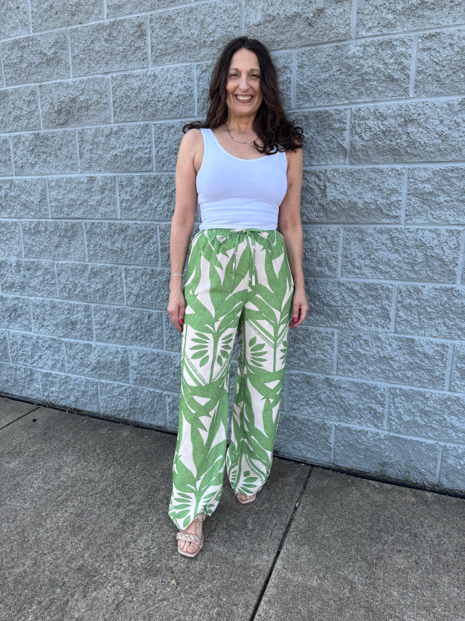 Sea Breeze - A Tropical Print Fit Pants with Elastic Waist & Drawstring