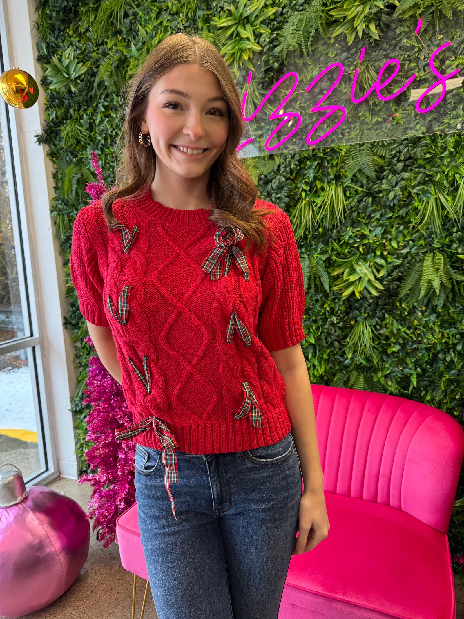 Joy - A Red Plaid Bow Christmas Sweater