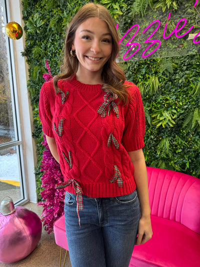 Joy - A Red Plaid Bow Christmas Sweater