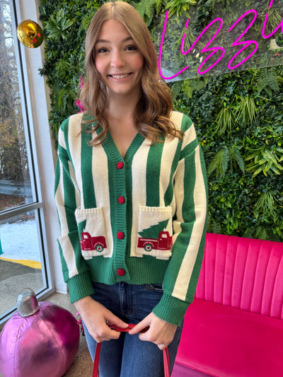 Piney - A Christmas Truck Pined Pocket Stripe Cardigan