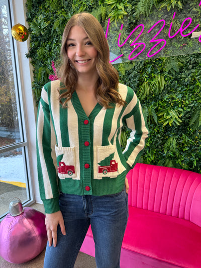 Piney - A Christmas Truck Pined Pocket Stripe Cardigan