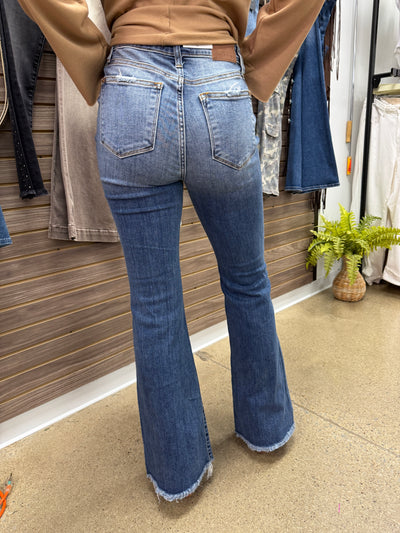 Syd -A Pair of Mid Ris Button Fly Flare with Destroy Fray Hem